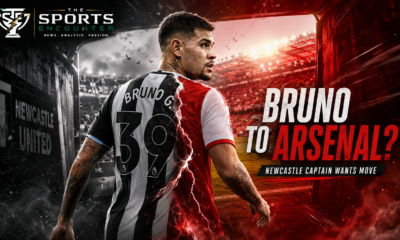 Bruno Guimarães looks back while moving from a black-and-white Newcastle-inspired scene toward a red Arsenal-inspired stadium, with “Bruno to Arsenal?” headline and The Sports Encounter logo.