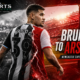 Bruno Guimarães looks back while moving from a black-and-white Newcastle-inspired scene toward a red Arsenal-inspired stadium, with “Bruno to Arsenal?” headline and The Sports Encounter logo.
