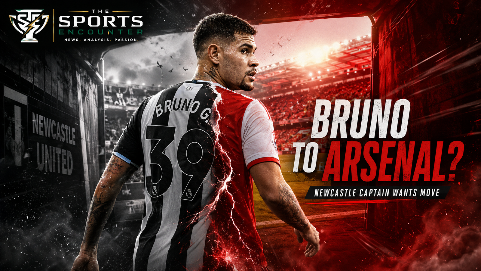 Bruno Guimarães looks back while moving from a black-and-white Newcastle-inspired scene toward a red Arsenal-inspired stadium, with “Bruno to Arsenal?” headline and The Sports Encounter logo.