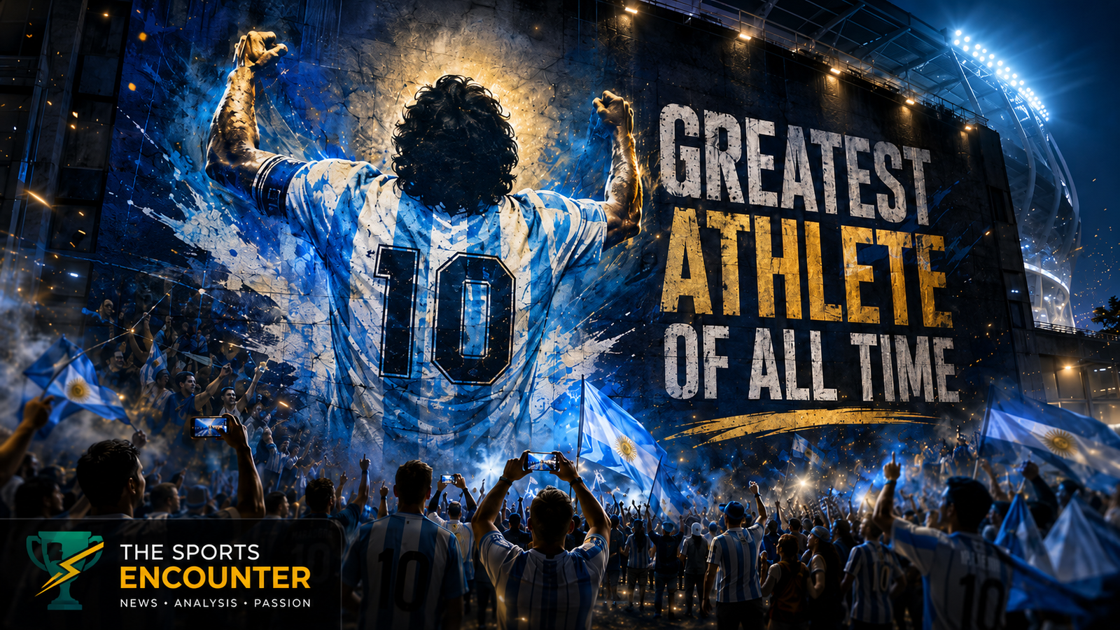 Wall mural of an iconic Argentina No. 10 footballer raising his arms as fans wave national flags beneath the slogan “Greatest Athlete of All Time,” with The Sports Encounter logo in the lower-left corner.