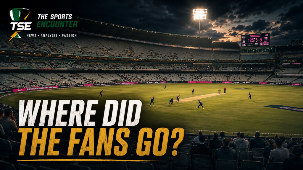 A live Hundred cricket match unfolds under floodlights before largely empty stands, with the punchline “Where Did the Fans Go?” highlighting falling attendance in 2026.