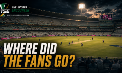 A live Hundred cricket match unfolds under floodlights before largely empty stands, with the punchline “Where Did the Fans Go?” highlighting falling attendance in 2026.