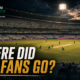 A live Hundred cricket match unfolds under floodlights before largely empty stands, with the punchline “Where Did the Fans Go?” highlighting falling attendance in 2026.