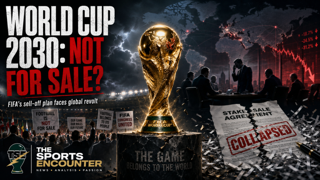 Cinematic FIFA World Cup 2030 graphic showing the golden trophy at the center of a global football revolt, with protesting delegates, distressed executives, collapsing financial charts, torn investment documents, and the headline “World Cup 2030: Not for Sale?” alongside The Sports Encounter logo.