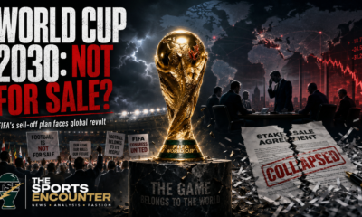 Cinematic FIFA World Cup 2030 graphic showing the golden trophy at the center of a global football revolt, with protesting delegates, distressed executives, collapsing financial charts, torn investment documents, and the headline “World Cup 2030: Not for Sale?” alongside The Sports Encounter logo.