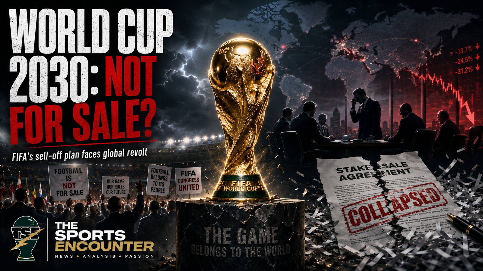 Cinematic FIFA World Cup 2030 graphic showing the golden trophy at the center of a global football revolt, with protesting delegates, distressed executives, collapsing financial charts, torn investment documents, and the headline “World Cup 2030: Not for Sale?” alongside The Sports Encounter logo.