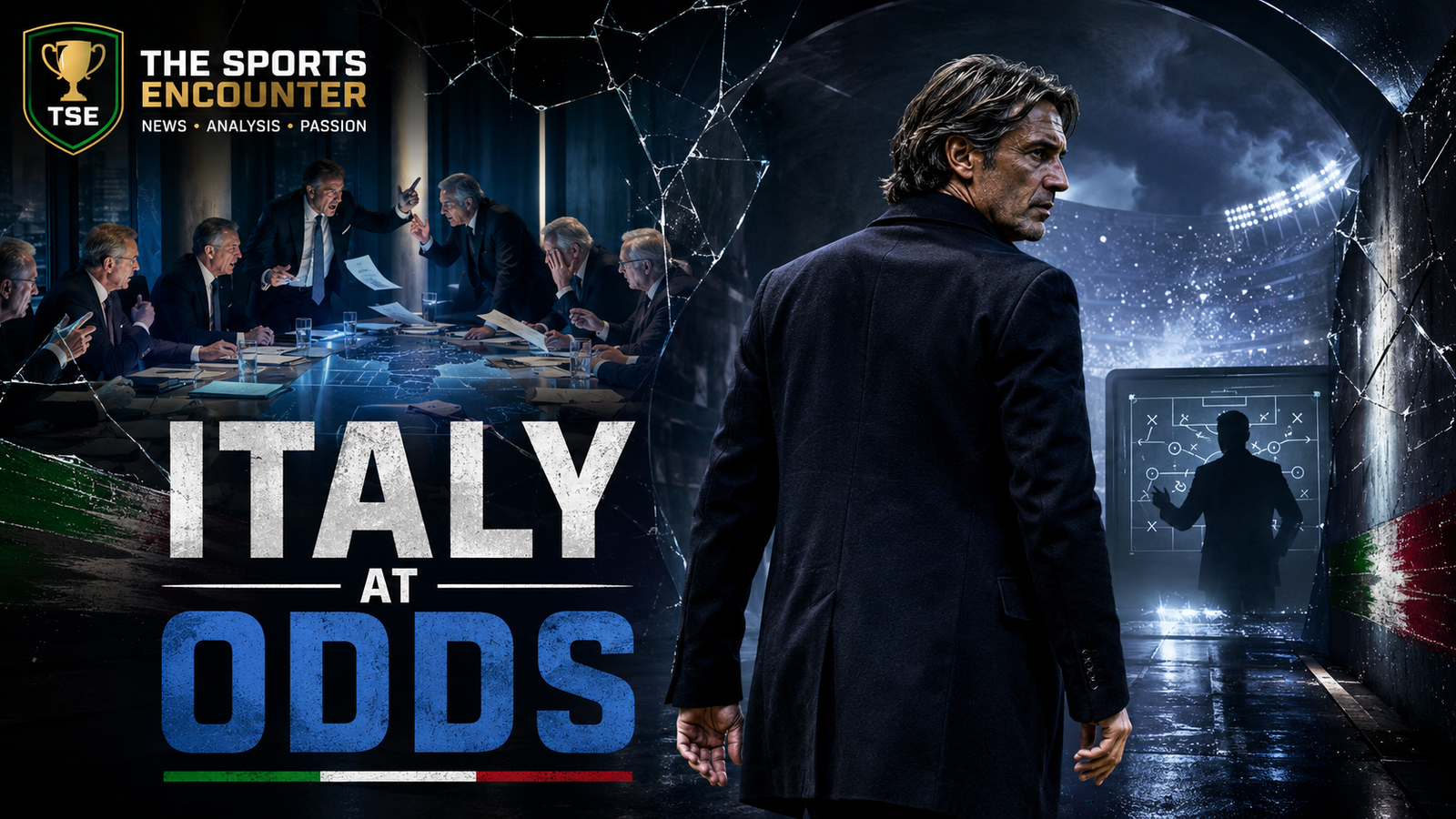 Cinematic VFX image showing a Maldini-inspired Italian football executive walking away from a tense federation crisis scene, with officials arguing in the background, a shadowed coach figure on a tactics board, The Sports Encounter branding, and the headline “Italy at Odds.”