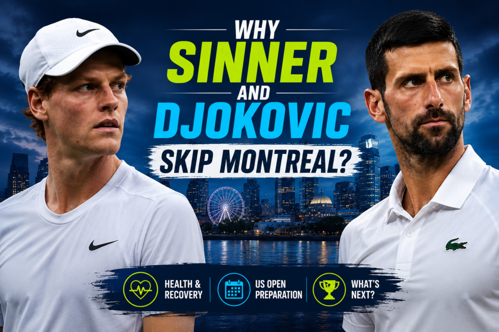 Sinner and Djokovic in a cinematic Montreal setting, with the headline focused on why they withdrew and strong The Sports Encounter branding.