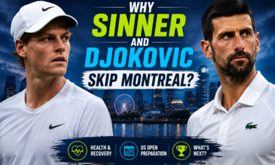 Sinner and Djokovic in a cinematic Montreal setting, with the headline focused on why they withdrew and strong The Sports Encounter branding.
