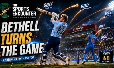 Jacob Bethell plays a powerful left-handed shot for England against India at Old Trafford, with glowing six trajectories across the stadium and Ravi Bishnoi watching in frustration during the 2nd T20I.