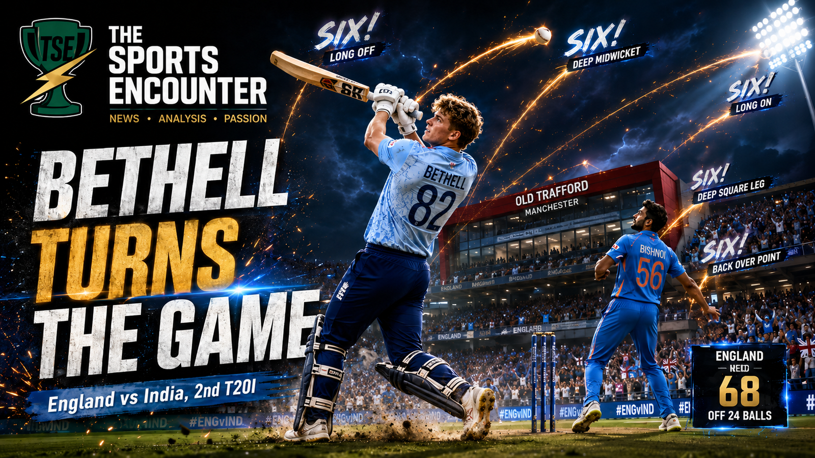 Jacob Bethell plays a powerful left-handed shot for England against India at Old Trafford, with glowing six trajectories across the stadium and Ravi Bishnoi watching in frustration during the 2nd T20I.