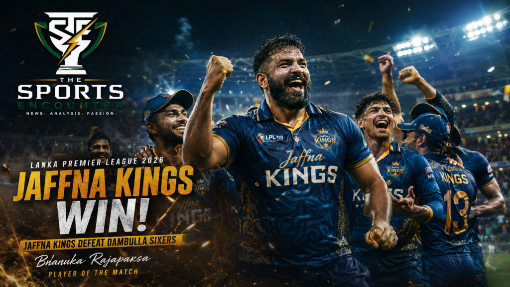 Jaffna Kings players celebrate their five-wicket victory over Dambulla Sixers under the stadium lights during Match 4 of the Lanka Premier League 2026.