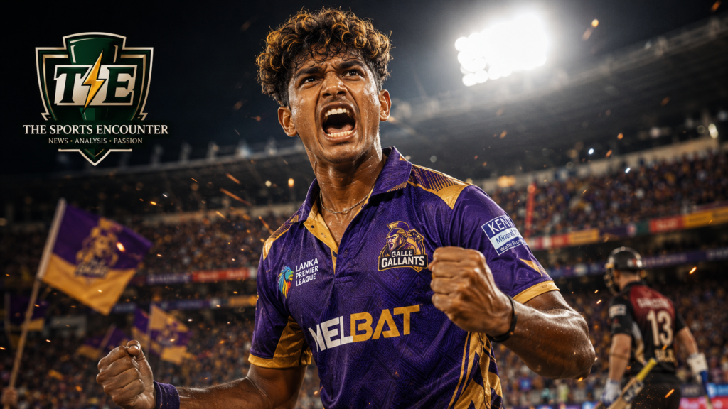 Eshan Malinga celebrates a wicket for Galle Gallants during the 2026 Lanka Premier League opener, with a packed stadium and The Sports Encounter logo.
