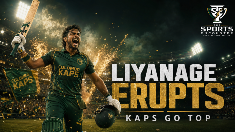 Janith Liyanage raises his bat and pumps his fist as Colombo Kaps teammates rush toward him following their LPL 2026 victory over Kandy Royals in Dambulla.