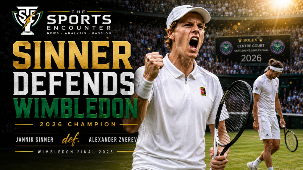 Jannik Sinner celebrates defeating Alexander Zverev in the Wimbledon 2026 final to claim his second consecutive title at the All England Club.