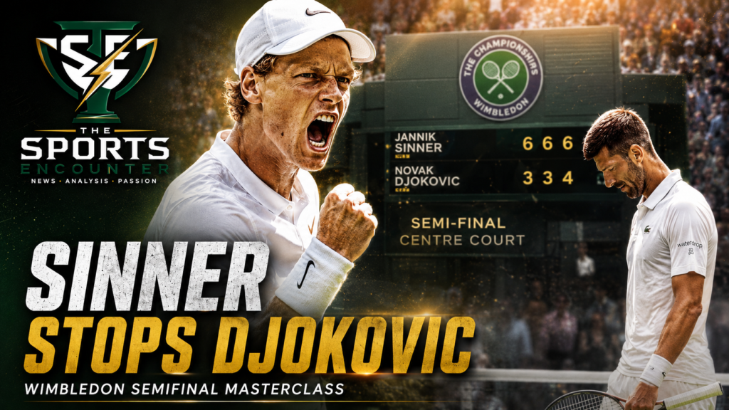Jannik Sinner celebrates his straight-sets semifinal victory over Novak Djokovic at Wimbledon 2026 as Djokovic stands dejected in the background.