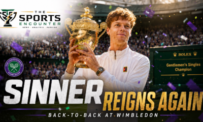 Jannik Sinner holds the Wimbledon trophy on Centre Court after successfully defending his men’s singles title at the All England Club in 2026.