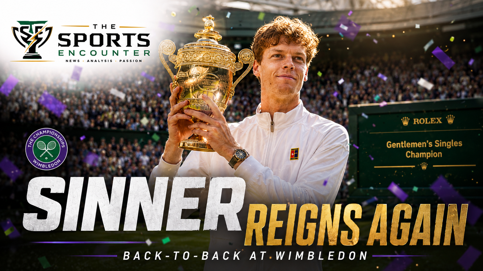 Jannik Sinner holds the Wimbledon trophy on Centre Court after successfully defending his men’s singles title at the All England Club in 2026.