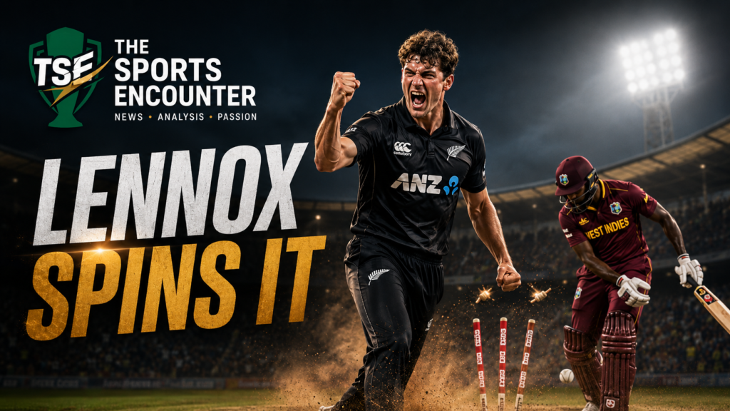 Jayden Lennox celebrates taking a West Indies wicket during New Zealand’s six-wicket victory in the third ODI at Providence, Guyana.