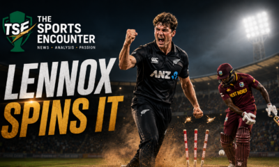 Jayden Lennox celebrates taking a West Indies wicket during New Zealand’s six-wicket victory in the third ODI at Providence, Guyana.