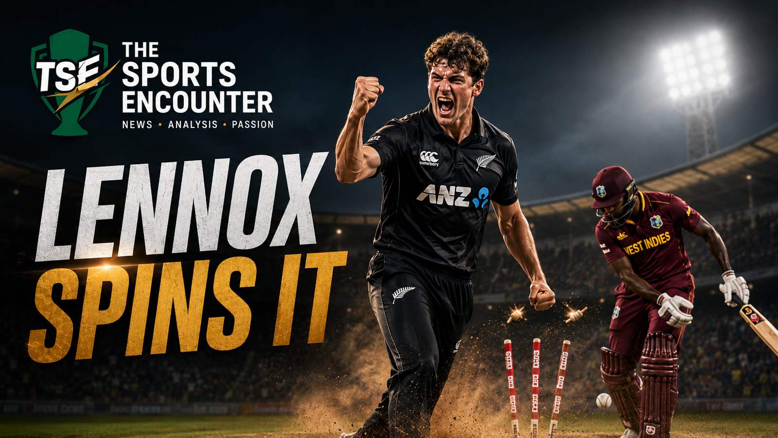 Jayden Lennox celebrates taking a West Indies wicket during New Zealand’s six-wicket victory in the third ODI at Providence, Guyana.