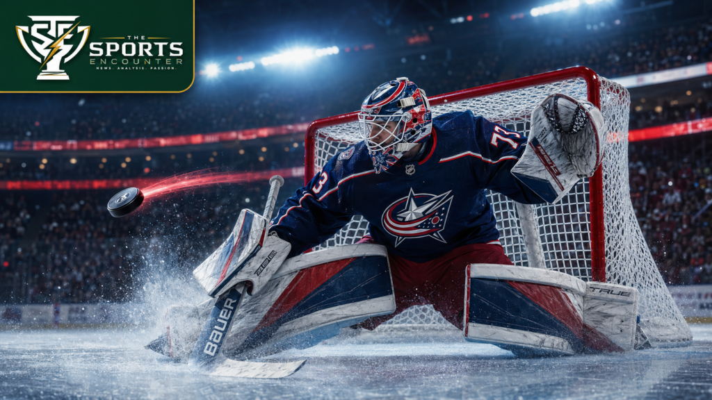 Columbus Blue Jackets goaltender Jet Greaves makes an athletic save in front of the goal, with The Sports Encounter logo.