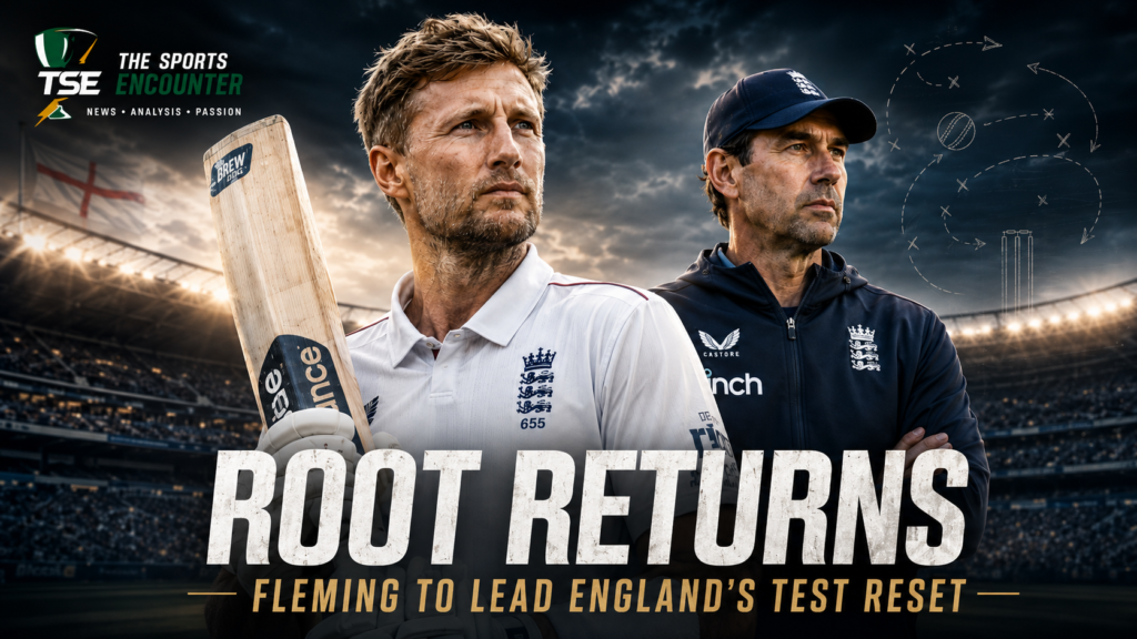 Joe Root stands with a cricket bat beside new England Test coach Stephen Fleming under stadium lights, symbolizing England’s leadership reset after the Stokes-McCullum era.