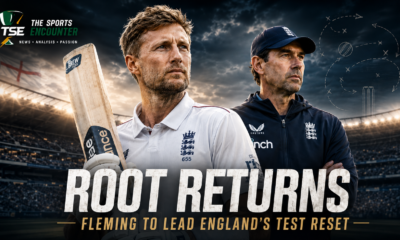 Joe Root stands with a cricket bat beside new England Test coach Stephen Fleming under stadium lights, symbolizing England’s leadership reset after the Stokes-McCullum era.