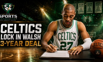 Jordan Walsh signs a three-year contract with the Boston Celtics in a cinematic green VFX arena setting, featuring The Sports Encounter logo.