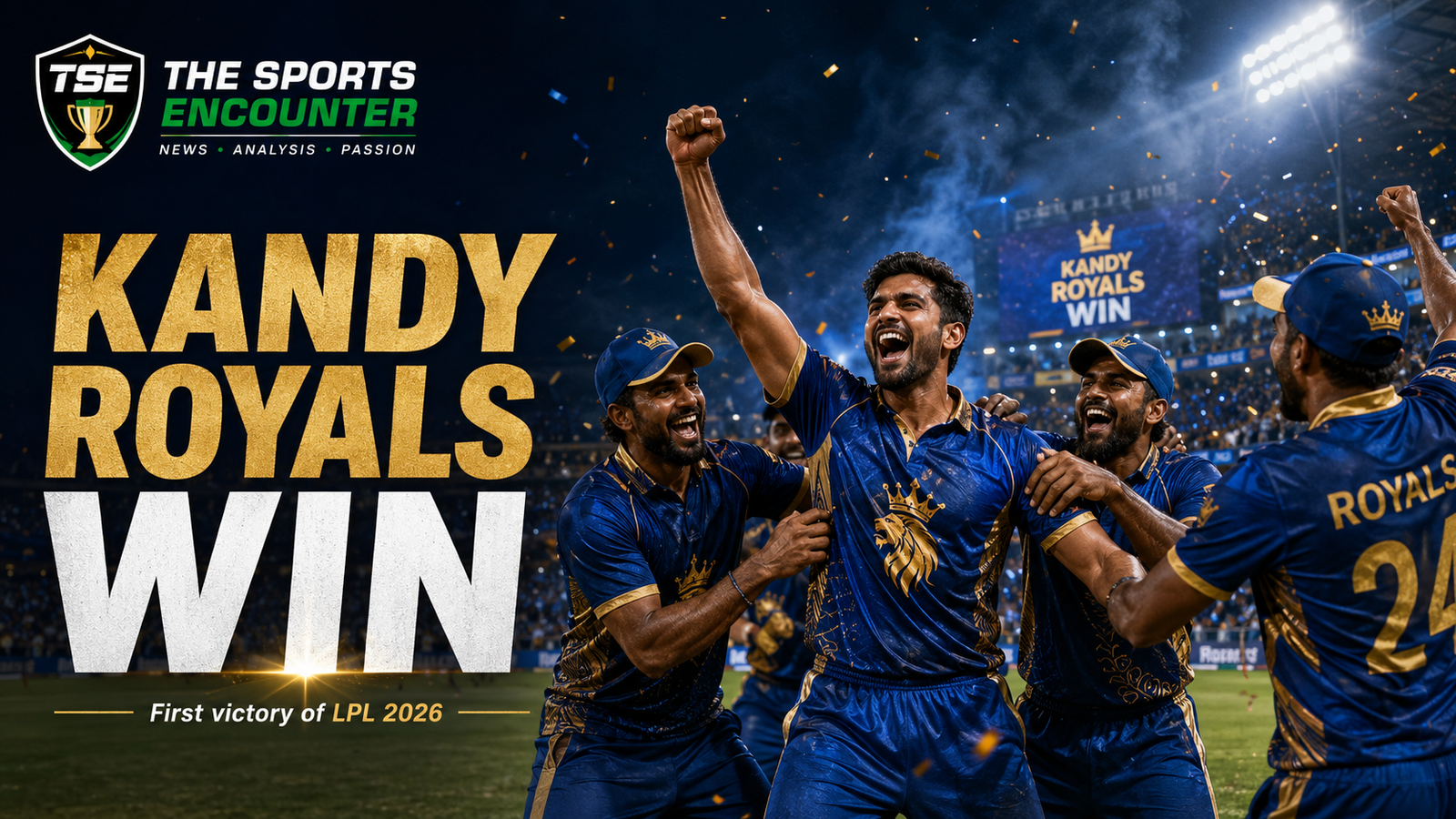 Kandy Royals players celebrate their first LPL 2026 victory under the floodlights after defeating Dambulla Sixers by 43 runs.
