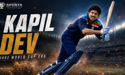 Kapil Dev bats in India’s blue 1992 World Cup kit in a cinematic action scene, with The Sports Encounter logo and “1992 World Cup Era” text.