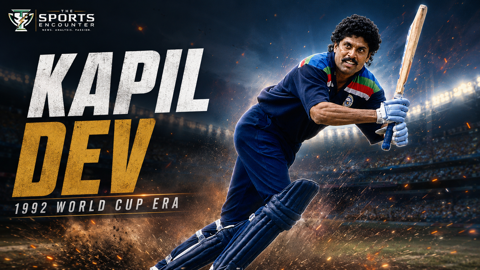 Kapil Dev bats in India’s blue 1992 World Cup kit in a cinematic action scene, with The Sports Encounter logo and “1992 World Cup Era” text.