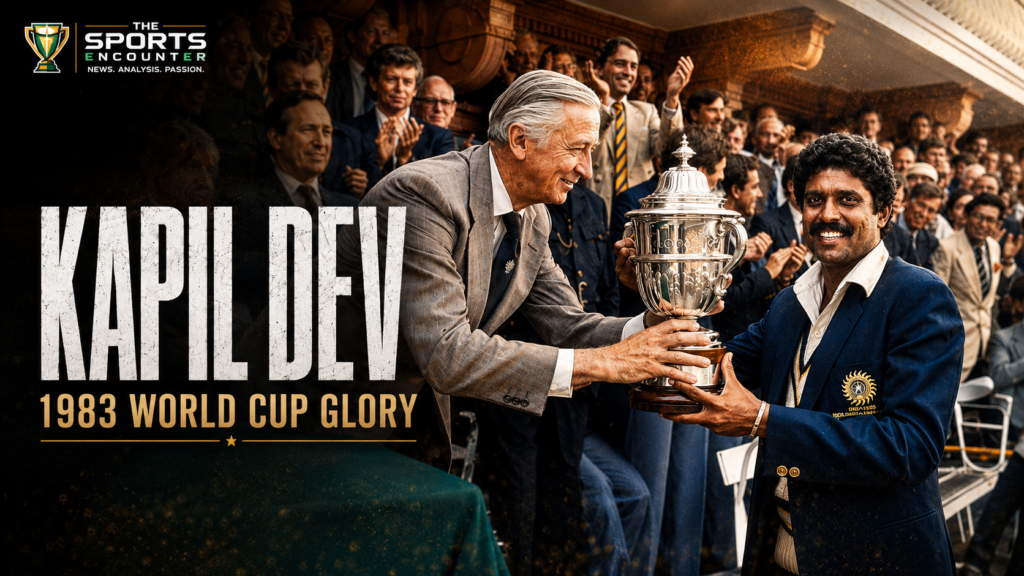 Kapil Dev receives the 1983 Cricket World Cup trophy at Lord’s as officials and spectators applaud, with The Sports Encounter branding and “1983 World Cup Glory” text.