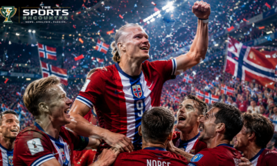 Erling Haaland-inspired Norway striker celebrates with teammates after a World Cup 2026 victory as Norway flags wave across a packed stadium with The Sports Encounter logo.