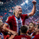 Erling Haaland-inspired Norway striker celebrates with teammates after a World Cup 2026 victory as Norway flags wave across a packed stadium with The Sports Encounter logo.