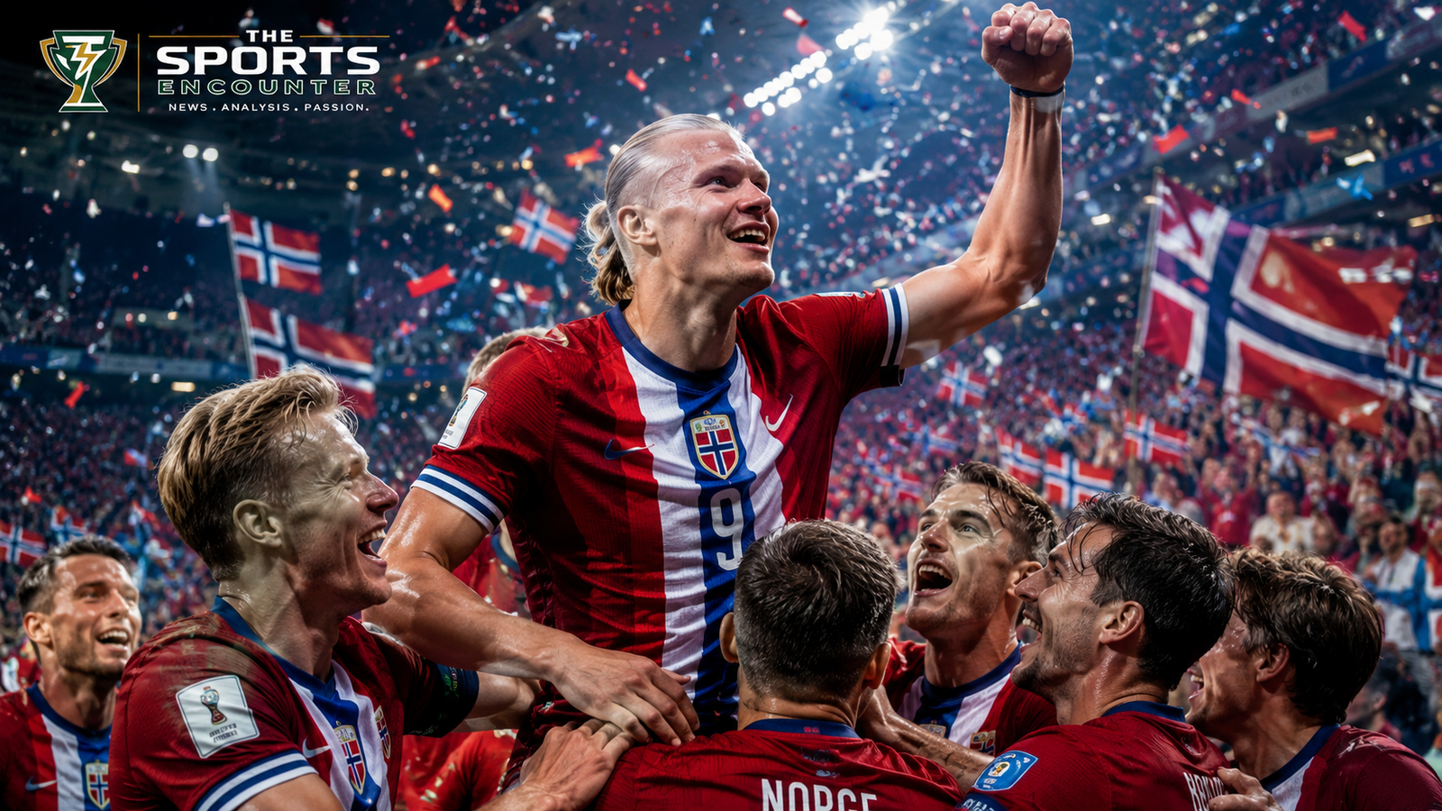 Erling Haaland-inspired Norway striker celebrates with teammates after a World Cup 2026 victory as Norway flags wave across a packed stadium with The Sports Encounter logo.