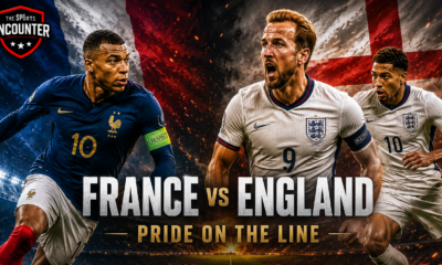 Kylian Mbappé faces Harry Kane and Jude Bellingham in a dramatic France vs. England World Cup 2026 third-place playoff poster with national flags and the tagline “Pride on the Line.”