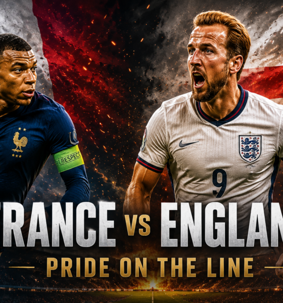 Kylian Mbappé faces Harry Kane and Jude Bellingham in a dramatic France vs. England World Cup 2026 third-place playoff poster with national flags and the tagline “Pride on the Line.”