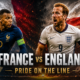 Kylian Mbappé faces Harry Kane and Jude Bellingham in a dramatic France vs. England World Cup 2026 third-place playoff poster with national flags and the tagline “Pride on the Line.”