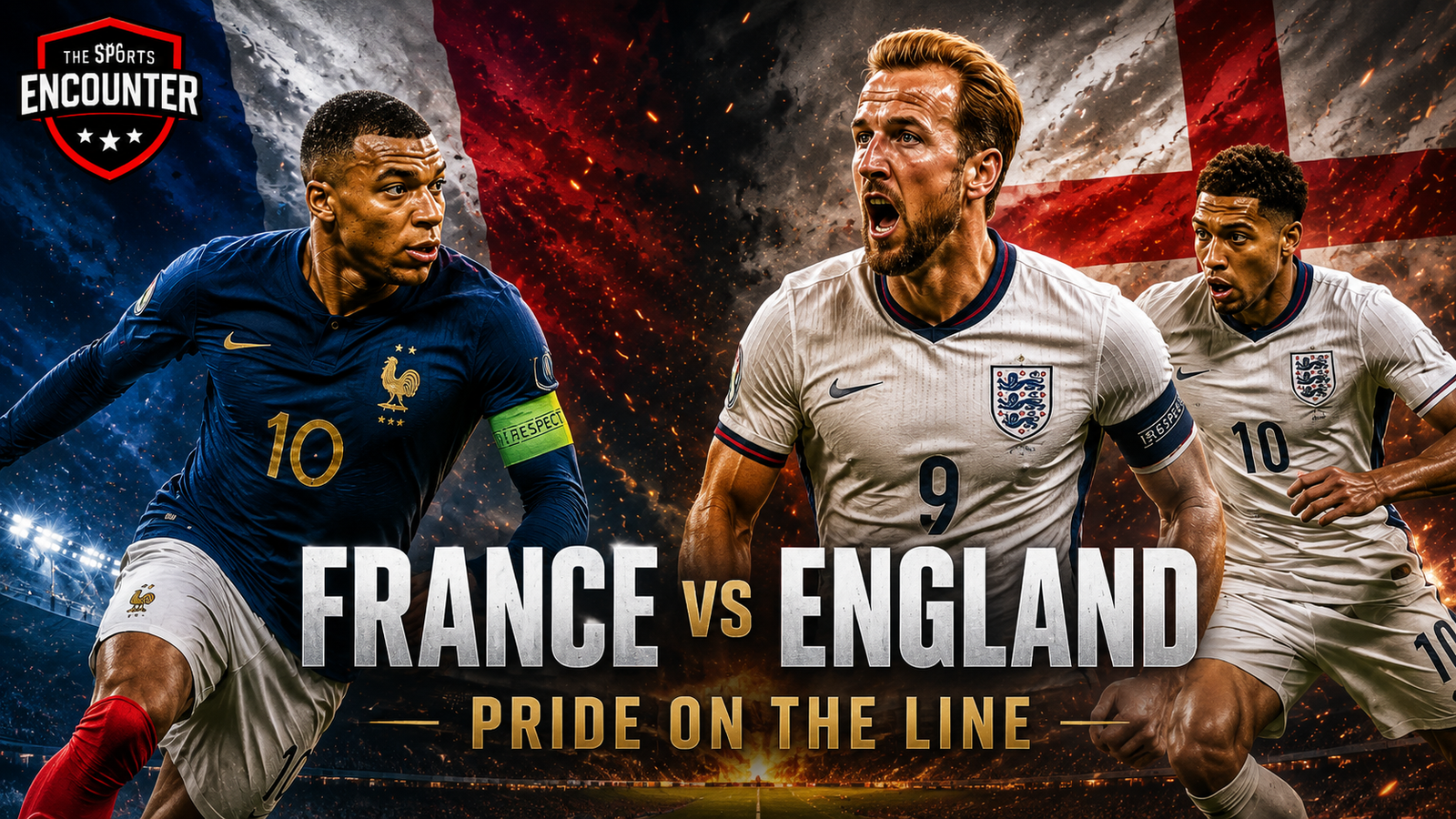 Kylian Mbappé faces Harry Kane and Jude Bellingham in a dramatic France vs. England World Cup 2026 third-place playoff poster with national flags and the tagline “Pride on the Line.”