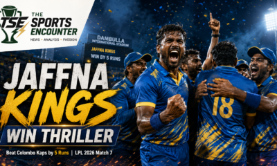 Jaffna Kings players celebrate their five-run victory over Colombo Kaps in LPL 2026 Match 7 at Dambulla.
