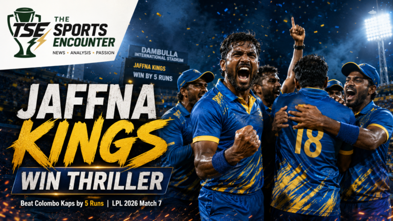 Jaffna Kings players celebrate their five-run victory over Colombo Kaps in LPL 2026 Match 7 at Dambulla.