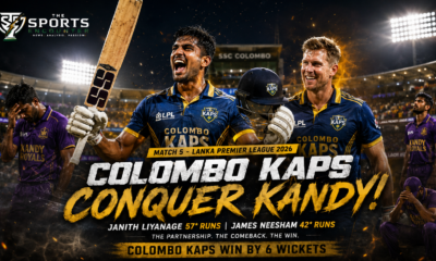 Janith Liyanage raises his bat after an unbeaten half-century as James Neesham celebrates beside him during Colombo Kaps’ six-wicket comeback win over Kandy Royals in LPL 2026 Match 5 at SSC Colombo.
