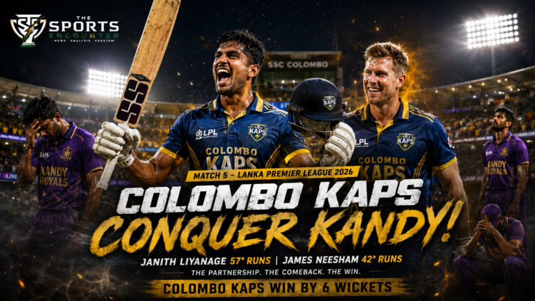 Janith Liyanage raises his bat after an unbeaten half-century as James Neesham celebrates beside him during Colombo Kaps’ six-wicket comeback win over Kandy Royals in LPL 2026 Match 5 at SSC Colombo.