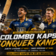 Janith Liyanage raises his bat after an unbeaten half-century as James Neesham celebrates beside him during Colombo Kaps’ six-wicket comeback win over Kandy Royals in LPL 2026 Match 5 at SSC Colombo.