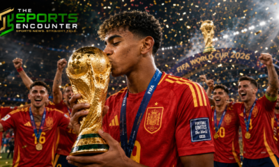 Lamine Yamal kisses the FIFA World Cup trophy as his Spain teammates celebrate behind him under gold confetti and bright stadium lights.