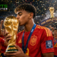 Lamine Yamal kisses the FIFA World Cup trophy as his Spain teammates celebrate behind him under gold confetti and bright stadium lights.