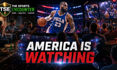 VFX cinematic featured image showing US fans watching a LeBron James-inspired 76ers player on multiple TV screens, with The Sports Encounter logo and the headline “America Is Watching.”