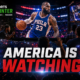 VFX cinematic featured image showing US fans watching a LeBron James-inspired 76ers player on multiple TV screens, with The Sports Encounter logo and the headline “America Is Watching.”