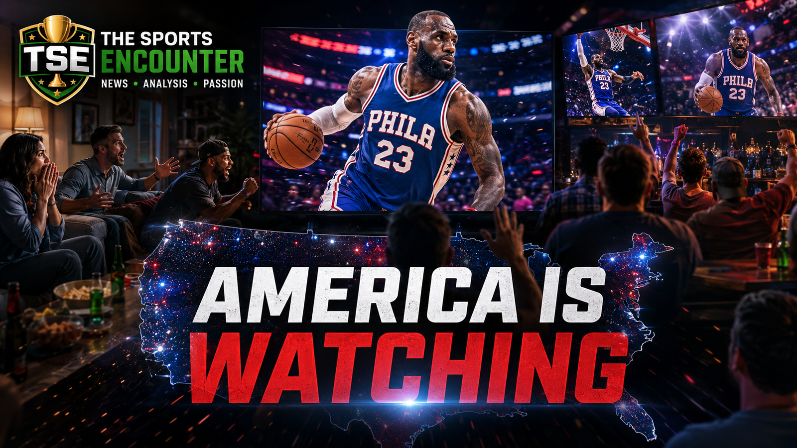 VFX cinematic featured image showing US fans watching a LeBron James-inspired 76ers player on multiple TV screens, with The Sports Encounter logo and the headline “America Is Watching.”